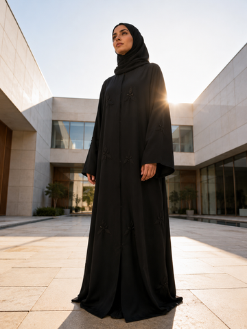 Fatima Open front intricate floral Abaya